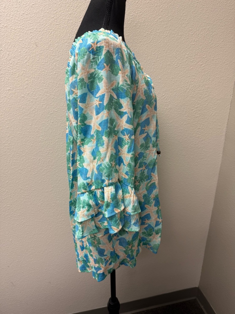 Late August Starfish Boho Peasant Top 2X Beach Coastal Ruffle Sleeve Blue - Picture 6 of 9